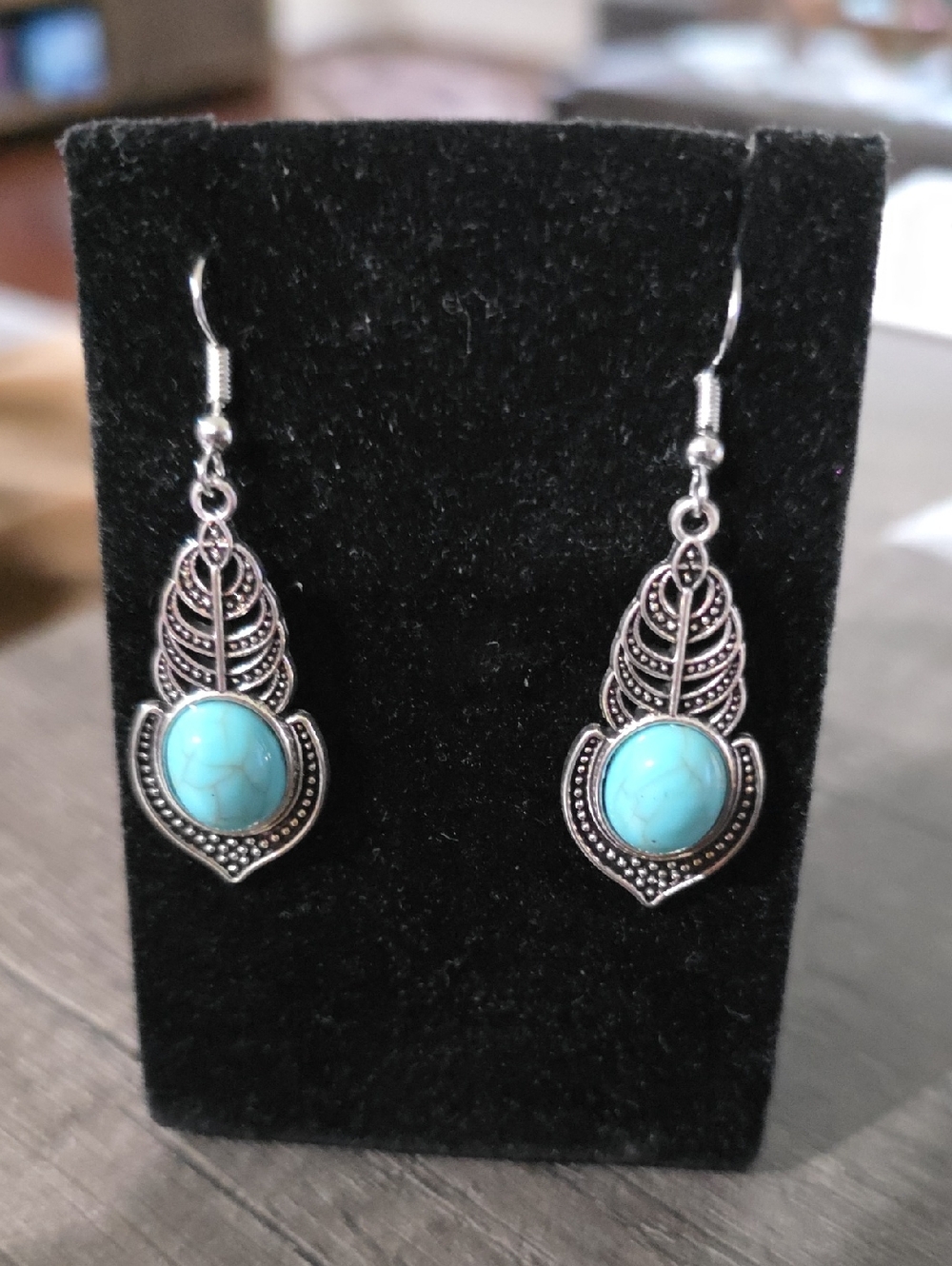 Turquoise Stone Silver Leaf Drop Earrings - Women Jewelry